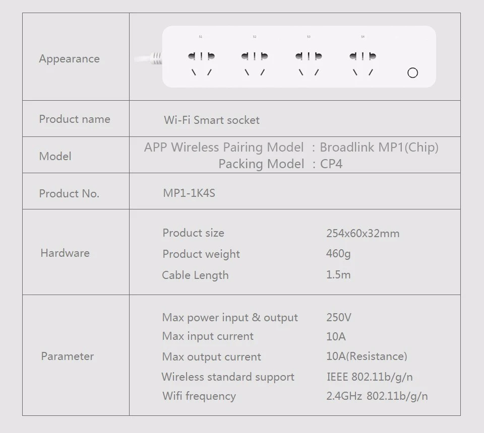 

BroadLink MP1 Chip Compatible With WIFI Smart Socket CP4 APP Separately Controllable Smart Socket 4 Outlet Home Automation