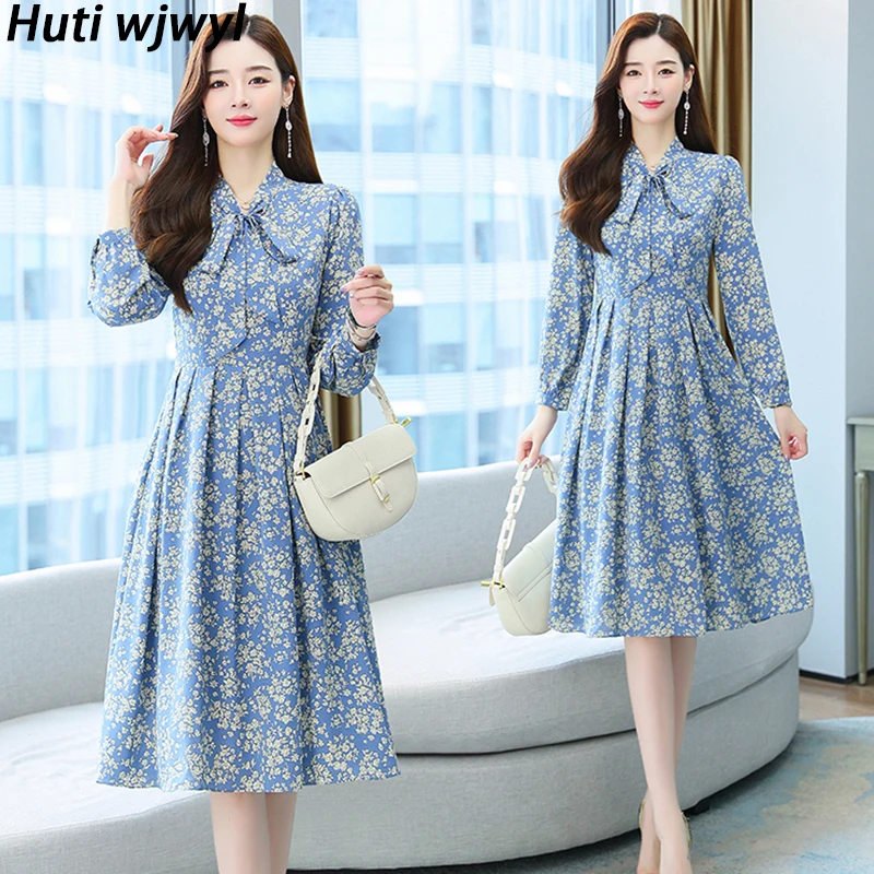 

Autumn Floral Chiffon Long Sleeve Dress Spring Women Korean Vintage Bodycon Elegant Vestidos 2022 Casual Beach Party Midi Dress