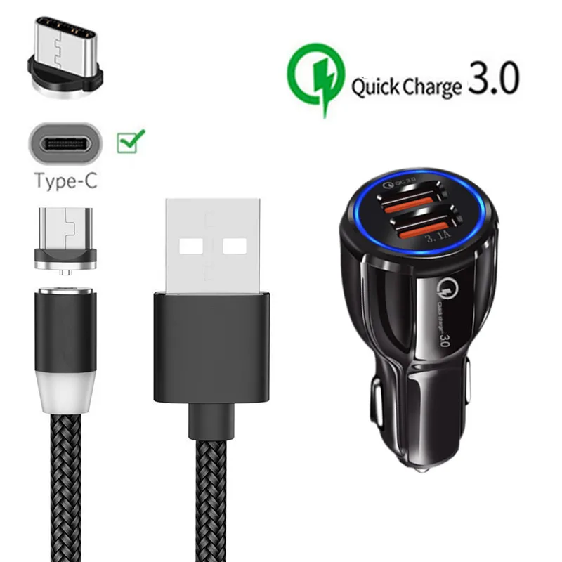 Car charger 1M cable Для samsung galaxy A20E A40 A50 A70 A90 S9 S10 Xiaomi mi 9T 9 8 lite Red mi K20 Магнитный кабель type C QC 3,0 USB быстрое автомобильное зарядное устройство - Тип штекера: Car charger 1M cable