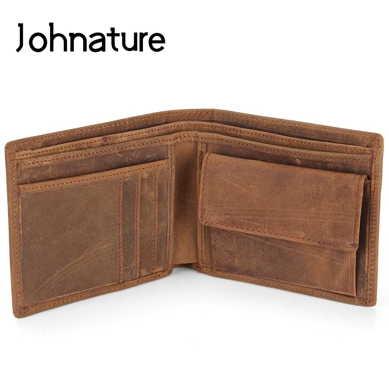 

Johnature Retro Crazy Horse Leather Short Men Wallet Card Holder 2021 New Mens Wallets And Purses Leisure Cowhide Coin Purse