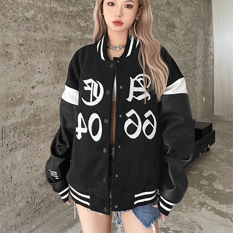 

2021 Winter Leather Patchwork Brown Baseball Jackets Oversized Couples Korean Coats Goth Fashion Letter Embroidery Outerwear Y2K