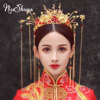 niushuya oriental chinese wedding bridal crown vintage red bead hair accessories jewelry gold long tassel pageant crowns tiaras