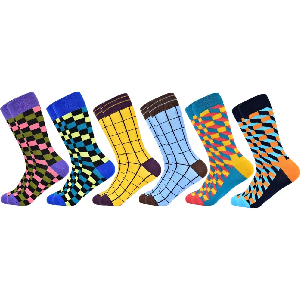 6 pairs socks-5 Популярные мужские носки из чесаного хлопка подарки для мужчин клетчатые геометрические повседневные мужские носки Цветные счастливые мужские носки - Цвет: 6 pairs socks-5