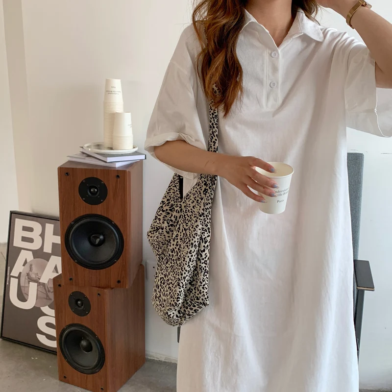 

Korean Fashion POLO Summer Dress 2021 New Style Loose Vintage Casual Woman Dress Short Sleeve Solid T Shirt Long Dresses