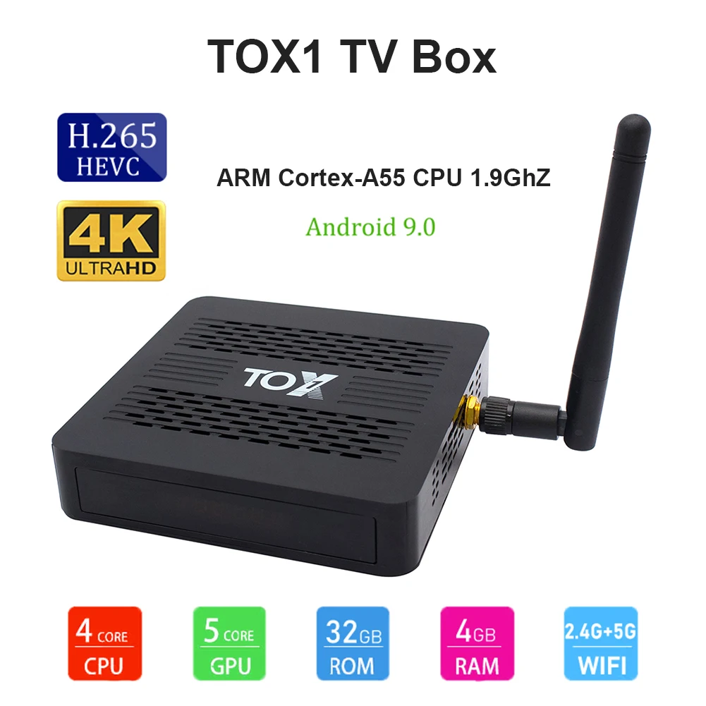 

ТВ-приставка TOX1, Android 9,0, 4 ядра, Wi-Fi 2,4/5 ГГц, 4 + 32 Гб, Bluetooth