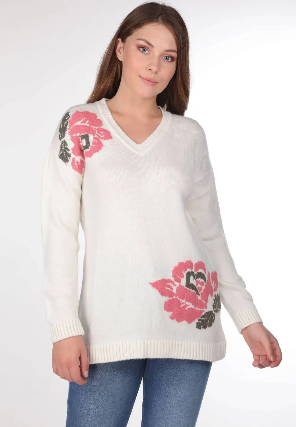 

Flower Print V-Neck Women Knitwear Sweater