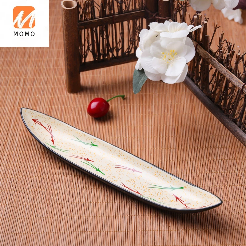 

Japanese Style Sushi Dish Leaf Shape Rectangular Plate Underglaze Porcelain Side Dish Long Plate Retro Hand Grip Sushi Plate