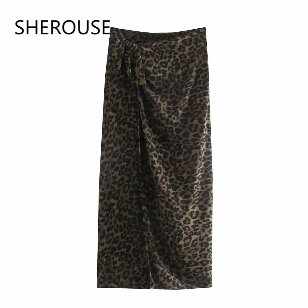 

SHEROUSE 2021, винтажная Женская юбка с леопардовым принтом, с узлом, элегантная женская юбка средней длины с высокой талией и разрезом