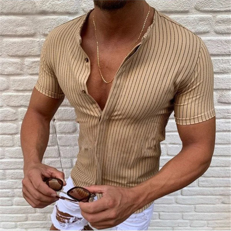 

2021 Summer Men's Clothing Europe America Slim Stand Collar Shirt Fashion Striped Khaki Short Sleeve Trendy Top
