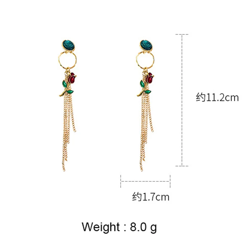 

USTAR Rose flower Long Tassel Drop Earrings for Women female Green Crystal gold Dangle Earrings Accessories Party Jewelry Gifts