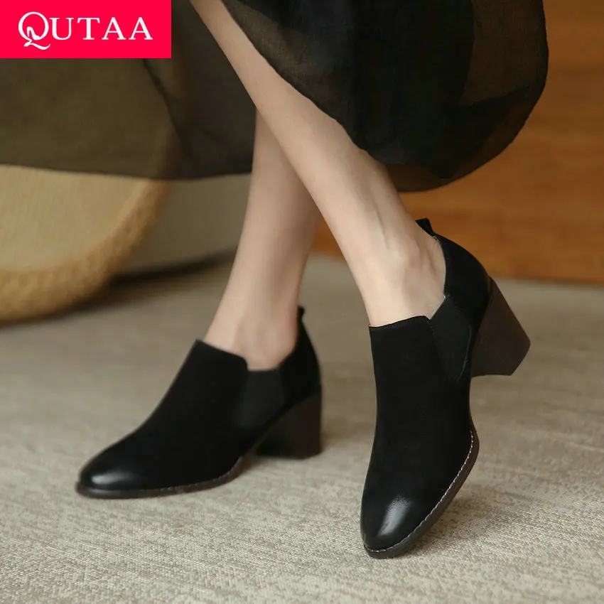 

QUTAA 2021 Scrub Slip On All Match Ladies Shoes Casual Square High Heels Spring Autumn Round Toe Basic Women Pumps Size 34-39