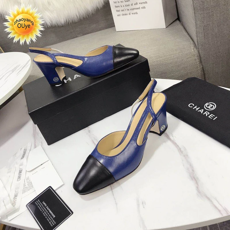 

New style French high-heeled shoes in summer 2021 thick heel square head color matching high heel back empty women's sandals