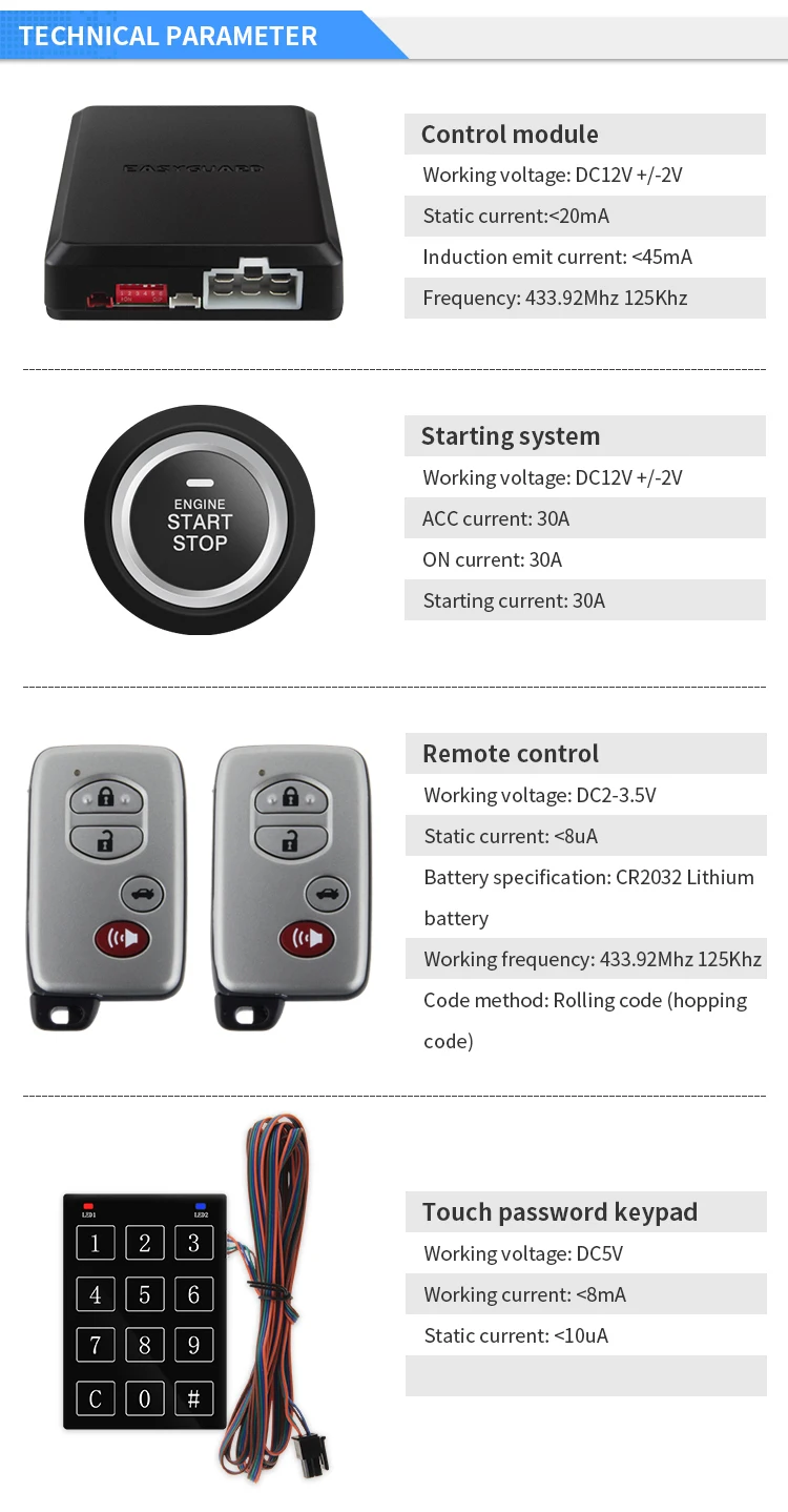 EASYGUARD автоблокировка разблокировка автосигнализации прыгающий код дистанционного запуска двигателя пусковая кнопка запуска пароль вход сигнализация удара DC12V