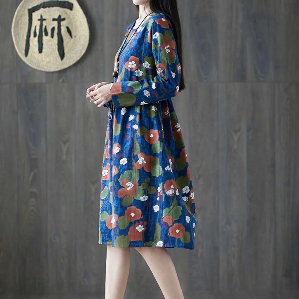 Осеннее платье женское богемное миди синее винтажное повседневное элегантное с