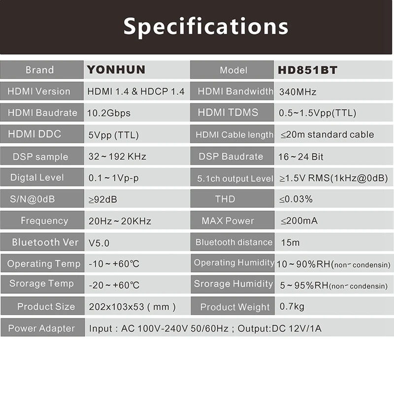 

Quality HD851BT DTS AC3 5.1 Audio Converter Decoder HDMI Extractor 4K ARC SPDIF Coxial Optical Splitter with Bluetooth