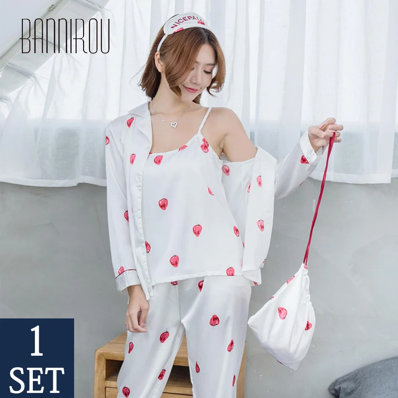 

BANNIROU Summer Women's 7 Piece For Pajamas Set Silk Pajamas For Women Stain Pijama Free Shipping Pyjamas Women Spring Sleepwear