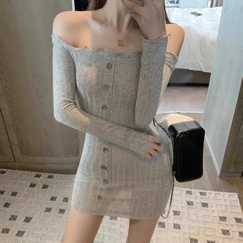 

autumn sexy off shoulder buttons bodycon dress women slim stretch dress long sleeve hip mini dress gray black