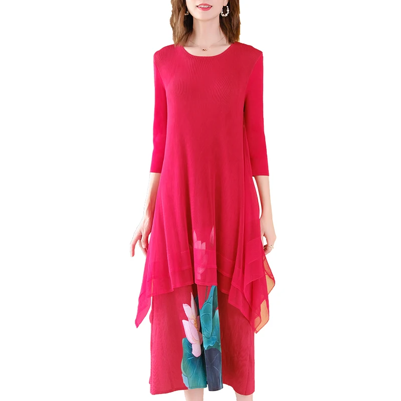 

Plus Size Woman Dress Autumn Chinese Style Printed Round neck Three Quarter Sleeve Faux Two Piece Dress For Woman 45-75kg