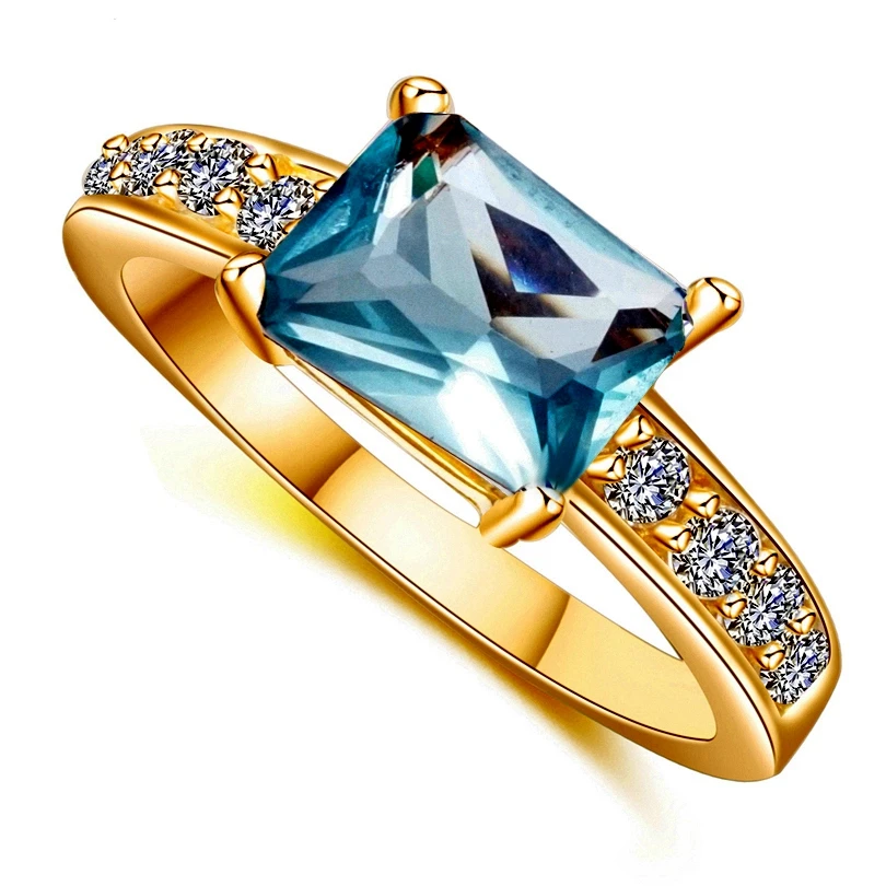 Светильник с синим цирконием квадратное кольцо для женщин золотого цвета