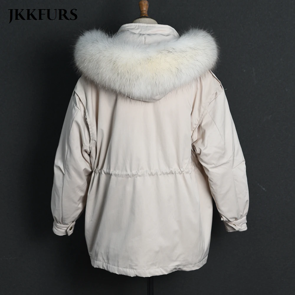 2019 зимнее пуховое пальто женское белое с воротником из натурального меха енота