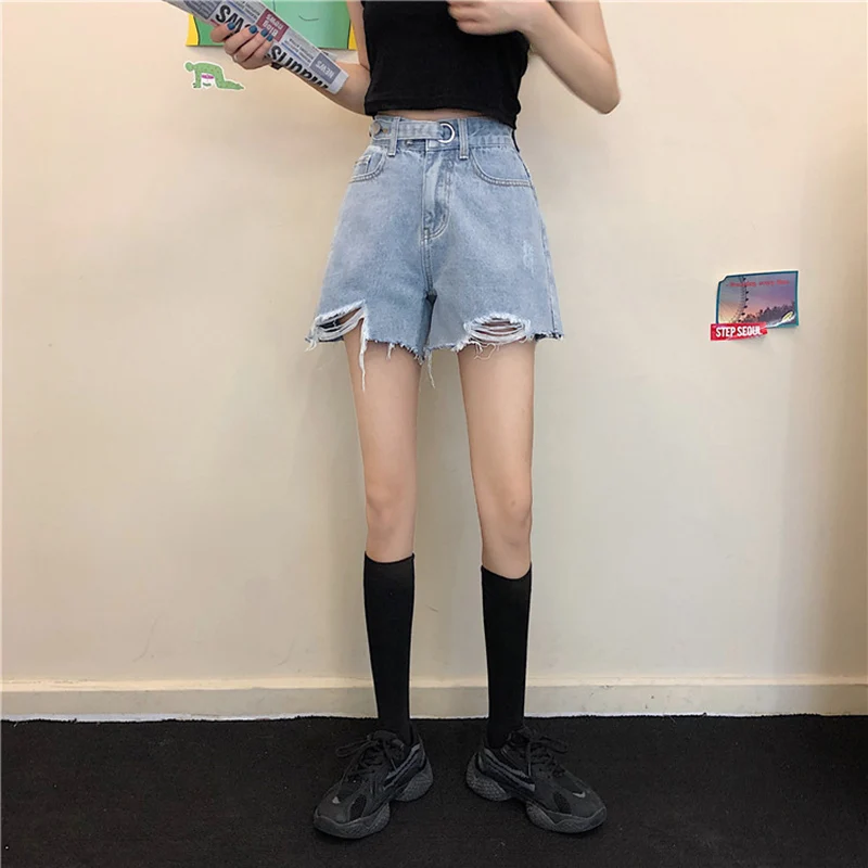

2021 New Women's Denim Shorts Loose Light-Color High Waist Pants Slim Hole Blue Wide Leg Pants Ladies Shorts Summer Clothing