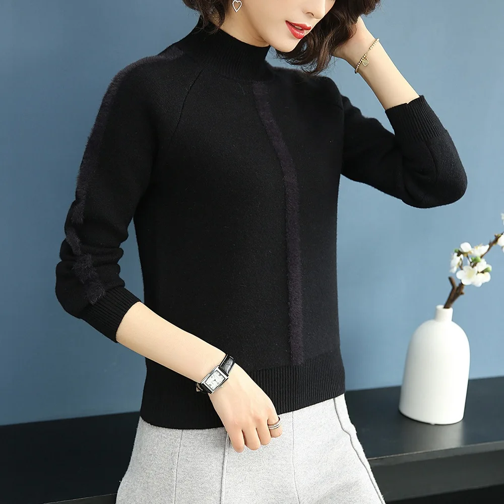 Бархатный пуловер свитер с высоким воротом женский новинка 2019 сплошной цвет