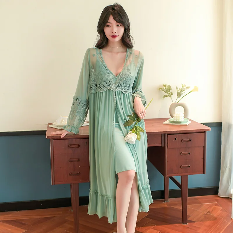 Women's Nightdress Court Lace Seductive Sexy Two Piece Suspender Nightdress Long Modal Home Wear with Chest Pad Robe Sets