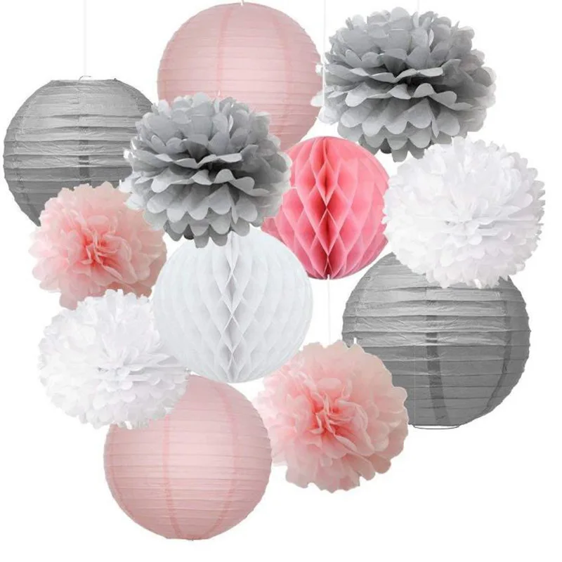 

12pcs Mixed Pink Gray White Paper Pompoms Flower Hanging Paper Lantern Honeycomb Balls Wedding Birthday Shower Decoration