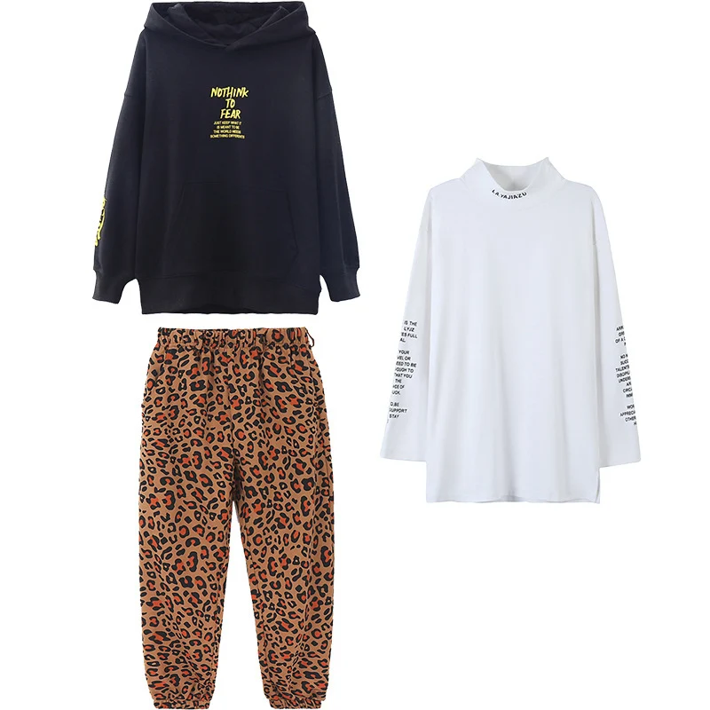 

Boys' hip-hop clothes, black hooded sweatshirts, big shirts, informal clothes with leopard print, girls' pants, jazz dance