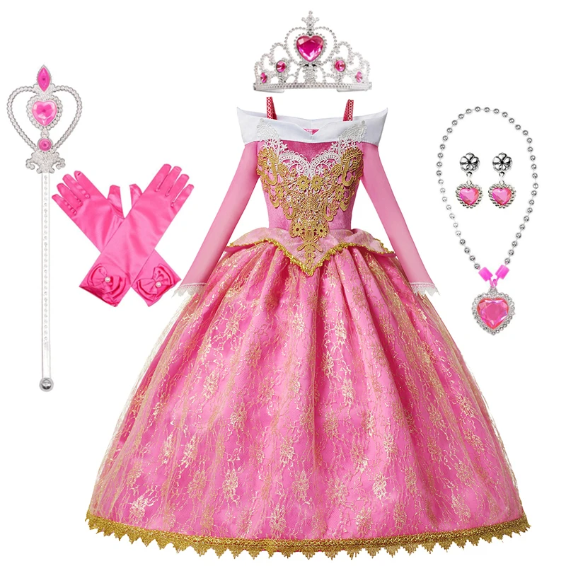 

Girls Sleeping Beauty Aurora Dress Long Sleeves Off Shoulder Lace Robe Kids Gorgeous Christmas Gift Fancy Princess Party Outfits