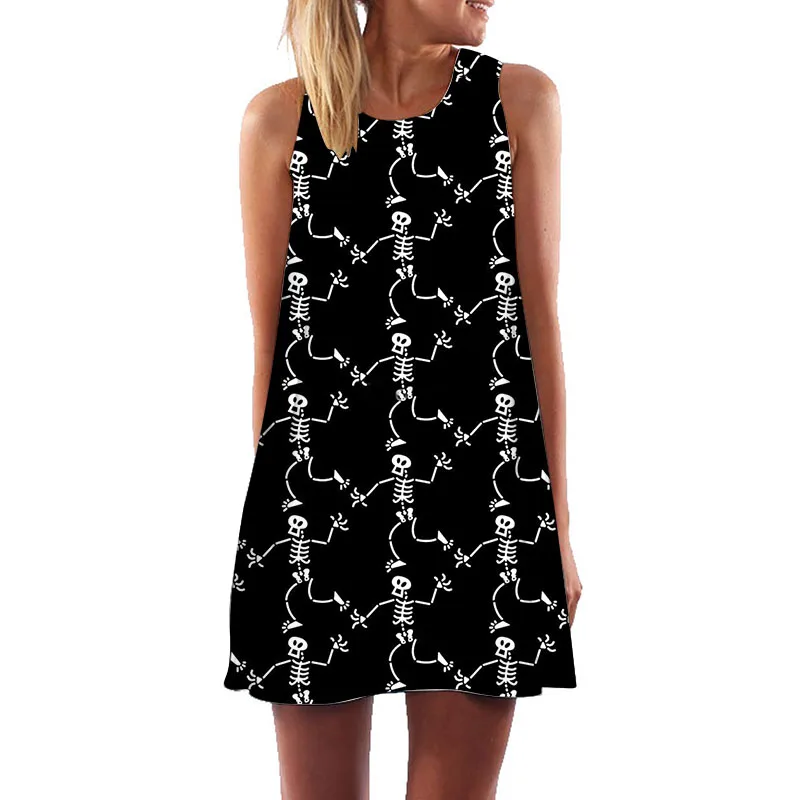 Женское мини платье с принтом скелета летнее вечерние жное Платье туника без