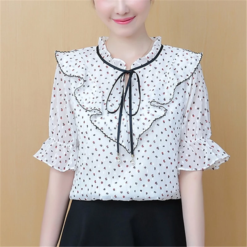 Женские блузки и топы шифоновые женские рубашки с коротким рукавом круглым