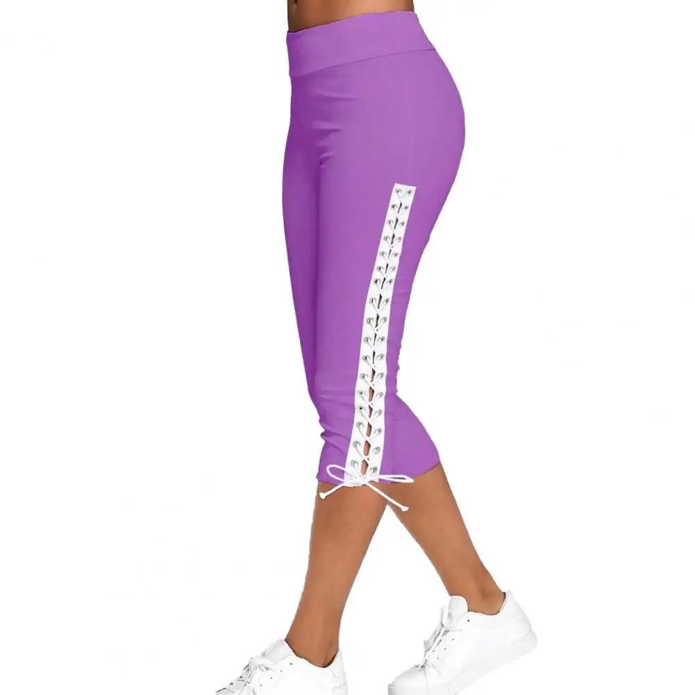 

Women Sporty Pants Solid Color Breathable Side Lace Up Hollow Out Bottoms High Waist Slim Capri Pants Daily Wear