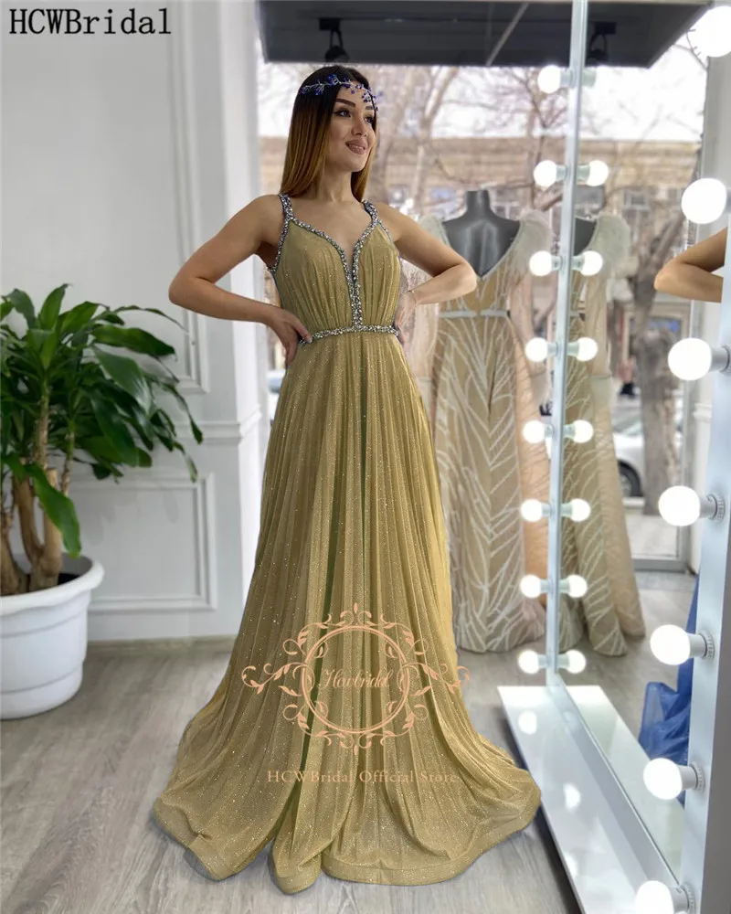 

Shiny Dusty Rose Long Arabic Evening Dress With Silver Crystal V Neck A Line Plus Size Women Formal Dresses Wedding Party Gowns