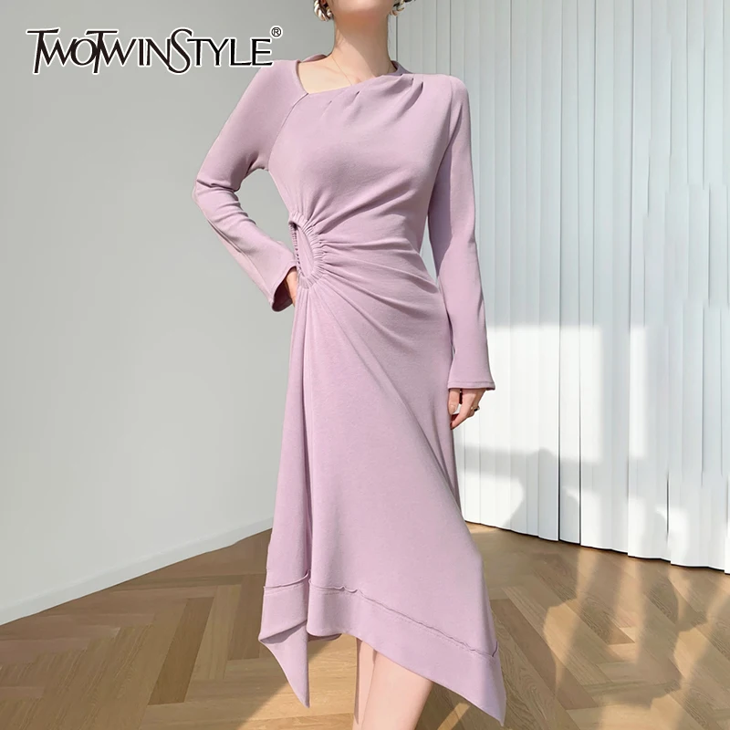 

TWOTWINSTYLE Irregular Hem Dresses For Female Skew Neck Long Sleeve High Waist Pleated Slimming Women's Dress Fashion New 2021