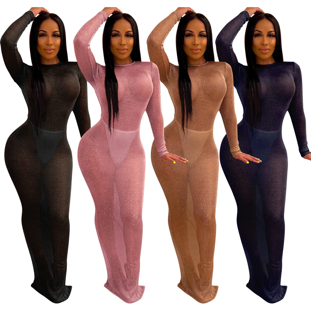 

Women Sexy Long Backless Long Sleeve Solid O Neck Backless Dress Mesh See Through Maxi Dress Slim Bodycon Clubwear Party Evening