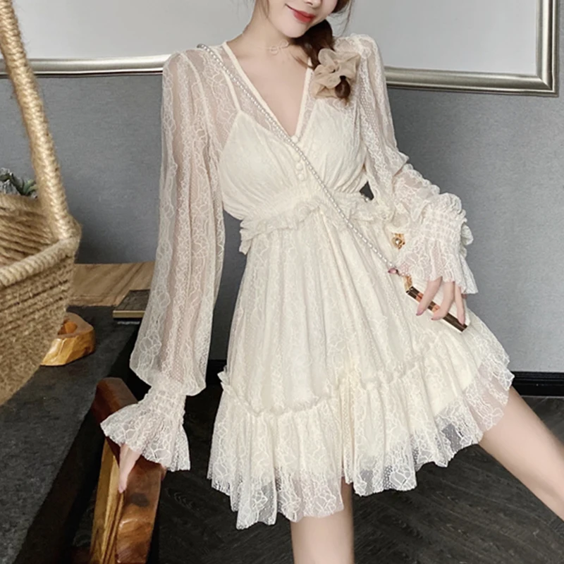 

Lace Elegant Dress Women Long Sleeve Sexy Mini Fairy Party Dress Female Autumn 2021 V-Neck Solid Ruffles Vintage Dress Korean