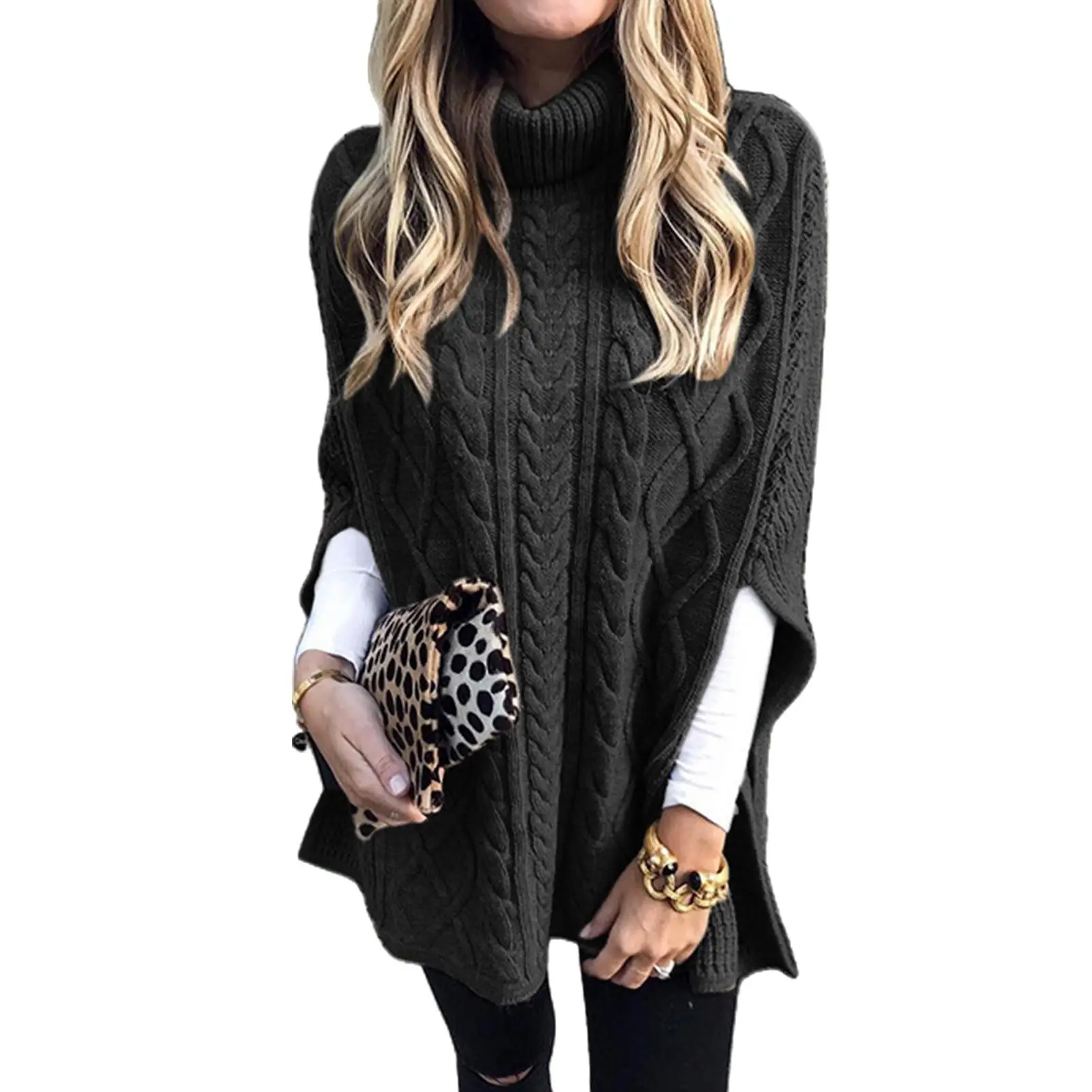 

Autumn Winter Sweater Women Casual Solid Color Turtle Neck Twist Braid Shawl Knitted Sweater Oversize Pullover