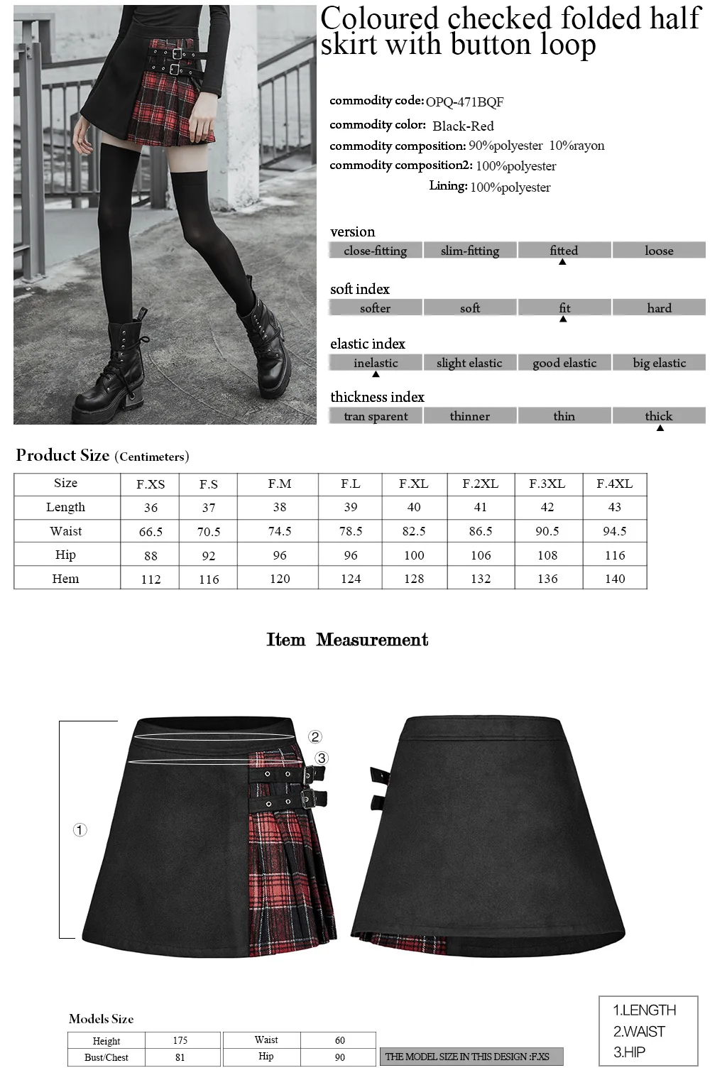 

PUNK RAVE Women's Coloured Checked Folded Half Skirt with Button Loop Personality Casual Mini Skirt