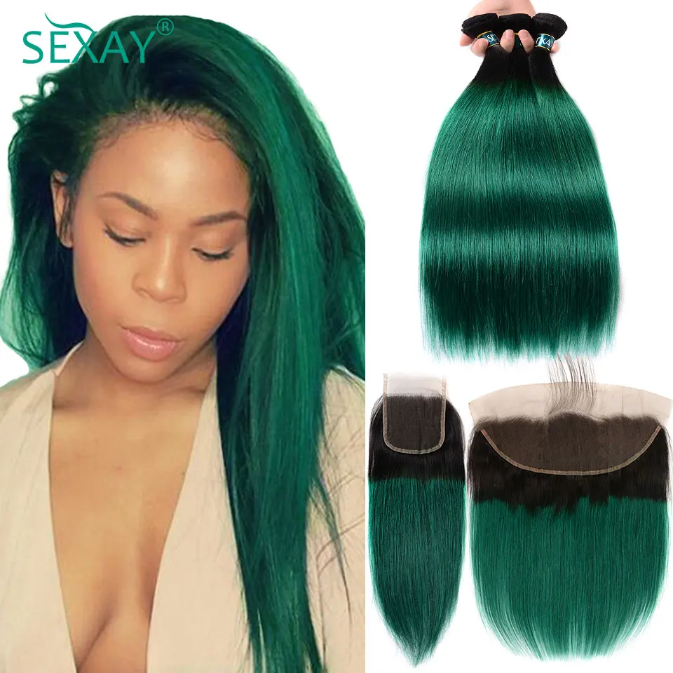 

Sexay зеленый Омбре прямые человеческие волосы 3 пряди с закрытием 1B/зеленые темные корни перуанские прямые человеческие волосы плетение и за...