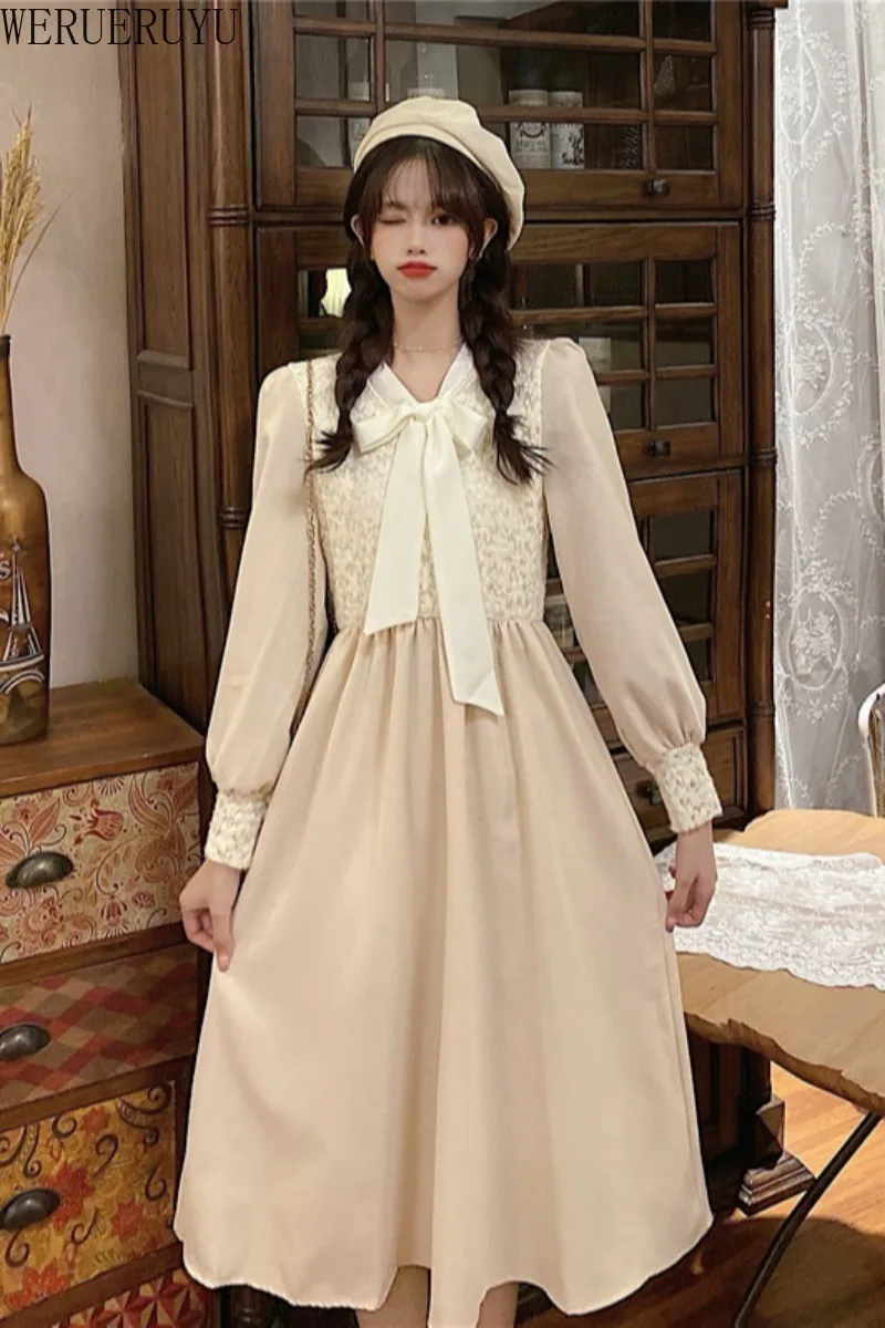 

WERUERUYU Japanese Sweet Lolita Dress Bow Neck Long Sleeve Elastic Waist Kawaii Dress Female Autumn Harajuku Women