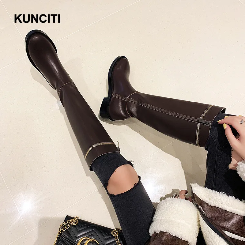 KUNCITI/; женские зимние сапоги до колена; сапоги на квадратном каблуке; ботинки в байкерском стиле; женская обувь на молнии; высококачественные высокие сапоги; B912