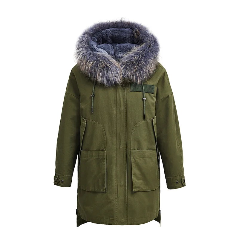

2021 Winter Jacket Women long Waterproof Parka Real Rabbit Fur Outerwear Real Raccoon Fur collar Hooded Detachable Streetwear