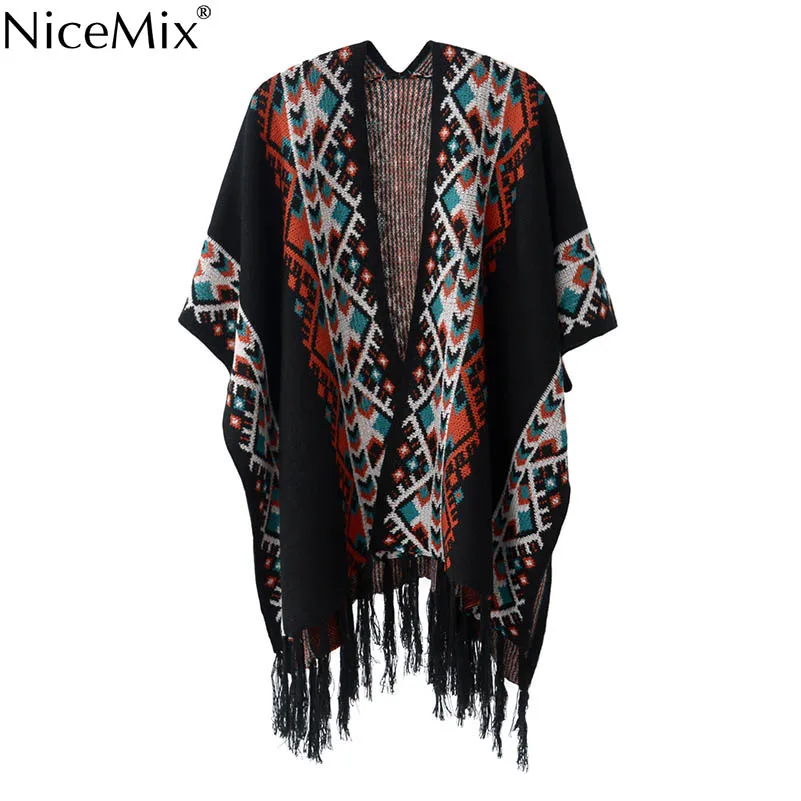 Винтажный кардиган NiceMix 2020 женское пончо накидка с рукавом летучая мышь свитер