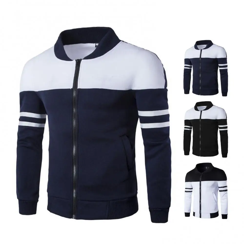 

Men's autumn and winter fashion striped design long-sleeved zipper pocket coat color-blocking school uniform jacket jacket