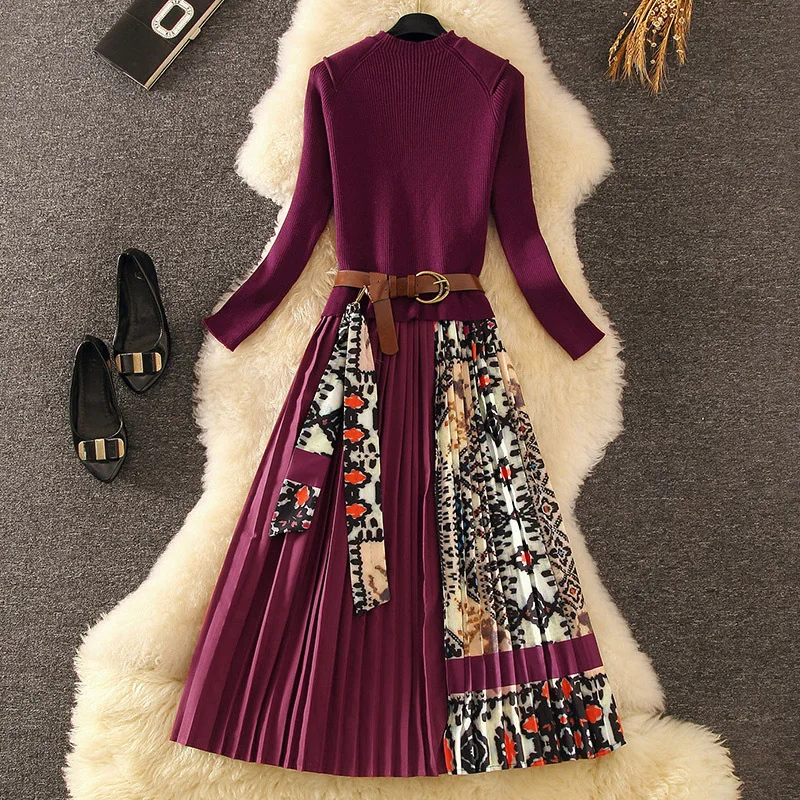 

Elegant Knitted Patchwork Pleated Midi Dress 2020 Fall Winter Fashion Women Long Sleeve Ethnic Retro Printing Pleated Dress