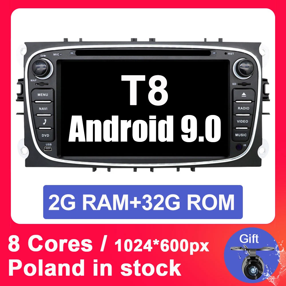 Eunavi 2 din Android 9,0 автомобильный dvd-плеер для Ford focus II Galaxy Transit Tourneo Mondeo 2din gps мультимедиа радио головное устройство ips - Цвет: BLACK 2G 32G T8