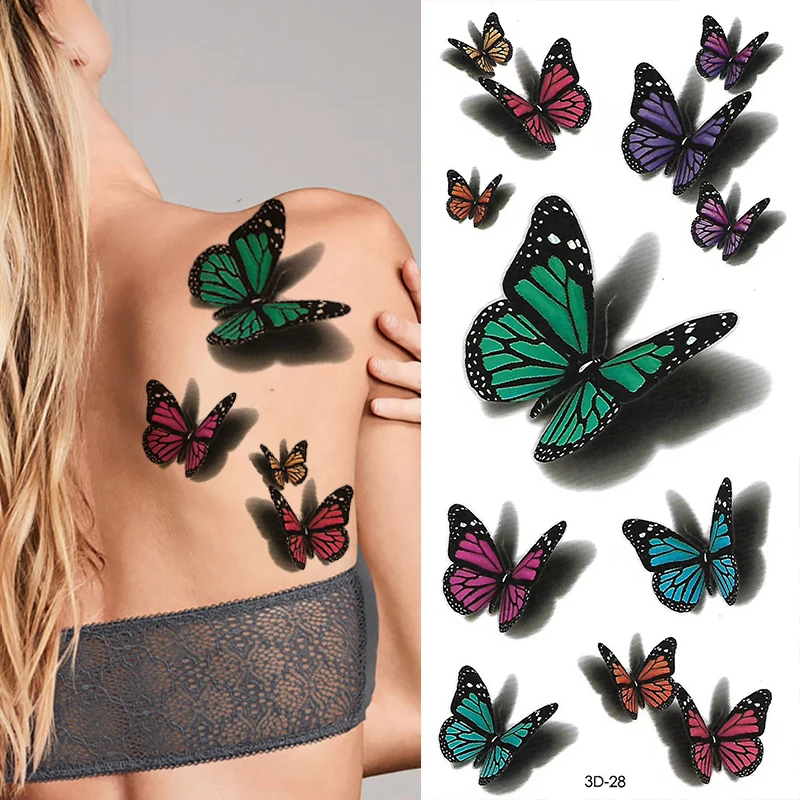 

3d Butterfly Temporary Tattoo Stickers Color New Sexy Body Art Waterproof Fake Tattoos Long Lasting Bee Rose Peony Arm Tatoo