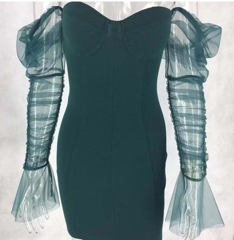 

MSXU 2020 New Summer Hot Women Sexy Wrapped Chest Dress Stitching Mesh Sleeves Fashion Slim Women Dress