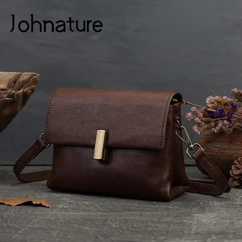Johnature Versatile Genuine Leather Women Bag Natural Soft Cowhide Vintage Solid Color Leisure Small Shoulder & Crossbody Bags